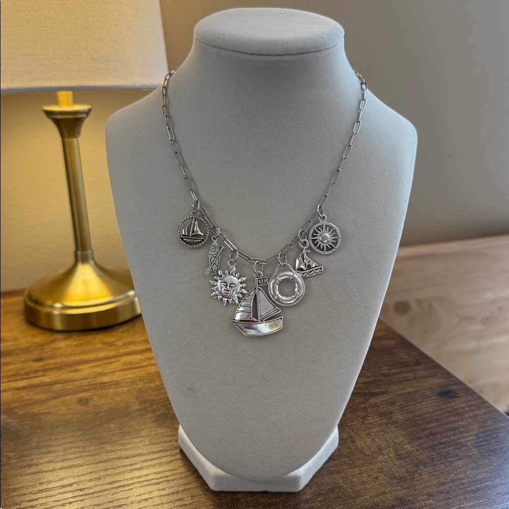 Silver Nautical Charm Necklace Sailboat Lighthouse Anchor Sun Coastal Beach